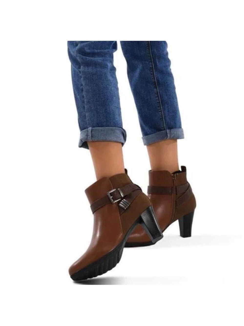Chunky Heel Ankle Boots Double Buckle